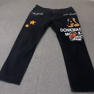 Akoo Black Straight Jeans with Yellow Star & Patch Graphics